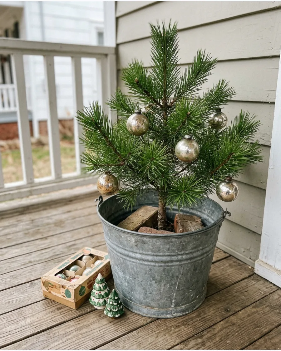 35. Vintage Galvanized Bucket Christmas Tree