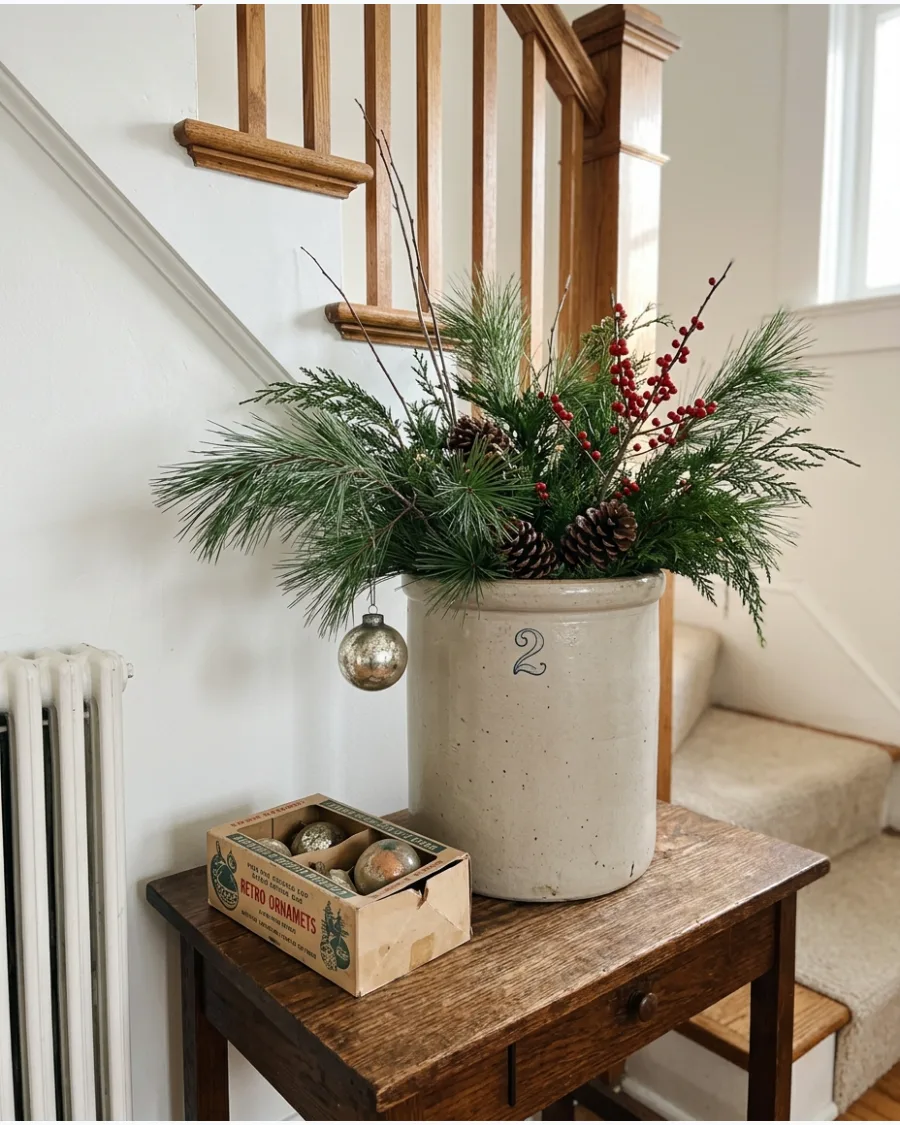 36. Vintage Crock Christmas Greenery Display