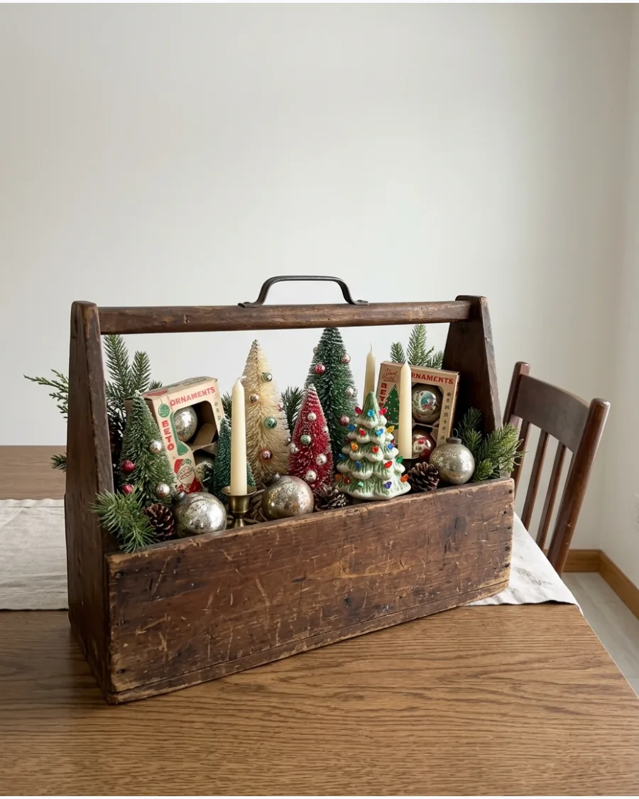 39. Old Wooden Toolbox Christmas Centerpiece