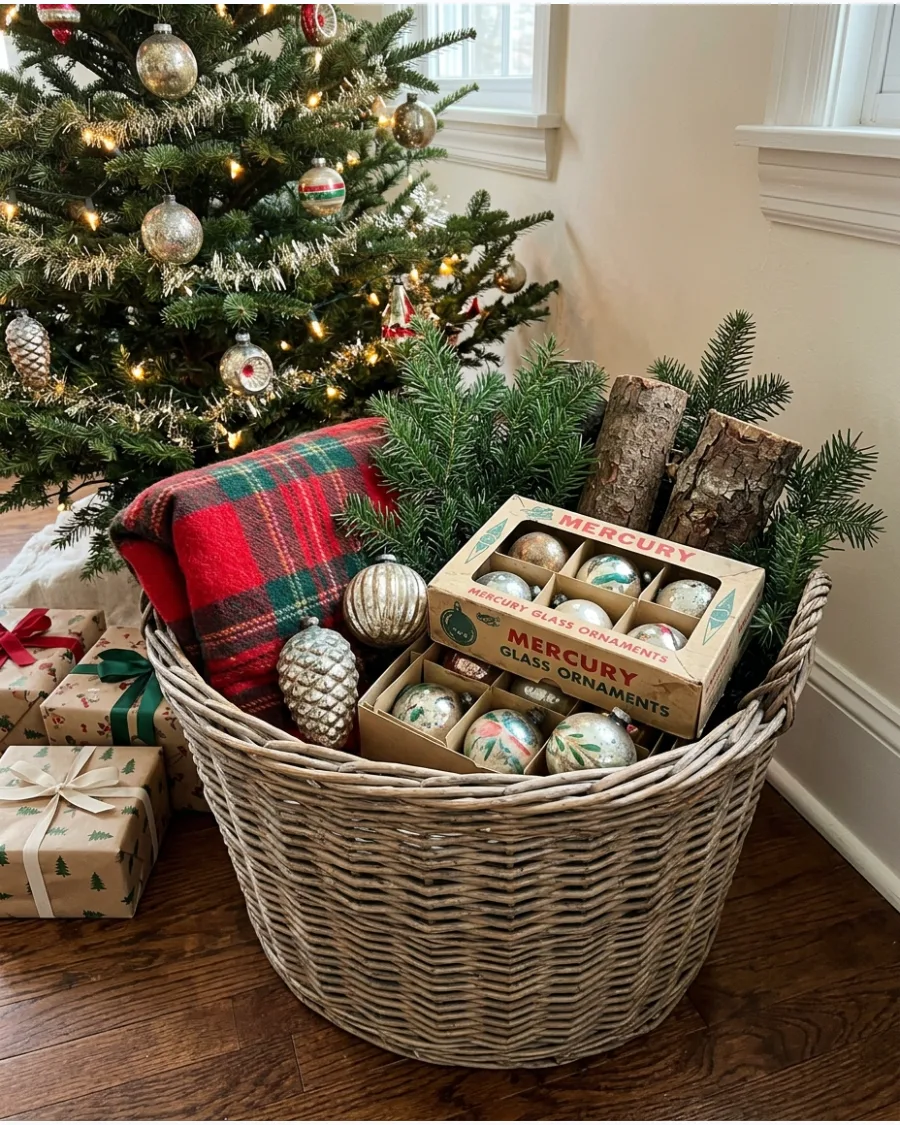 40. Vintage Basket Christmas Display