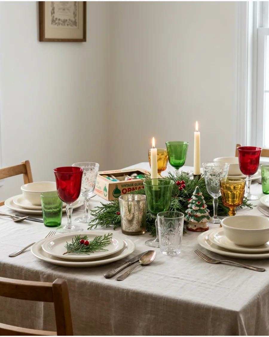 47. Vintage Christmas Glassware Tablescape