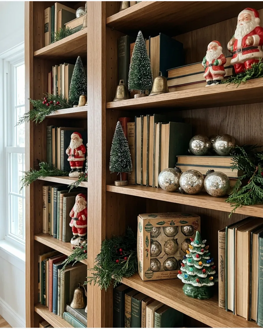 52. Vintage Christmas Bookshelf Styling