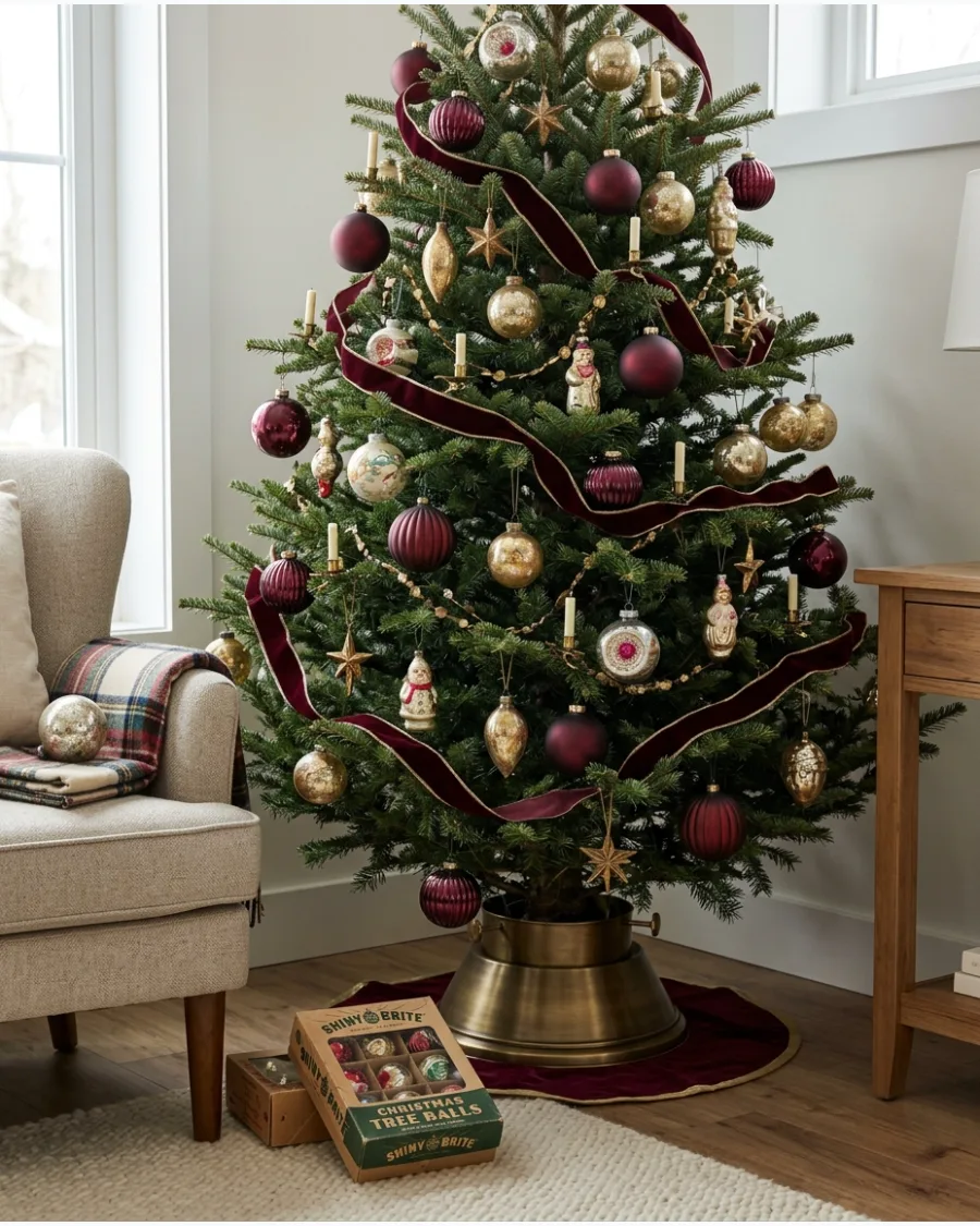 8. Antique Gold and Burgundy Christmas Tree
