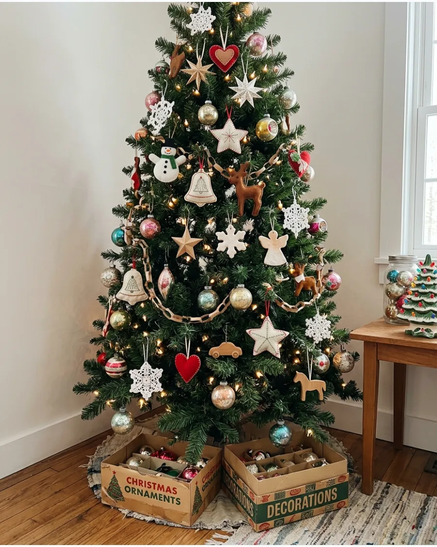9. Vintage Homemade Ornament Christmas Tree