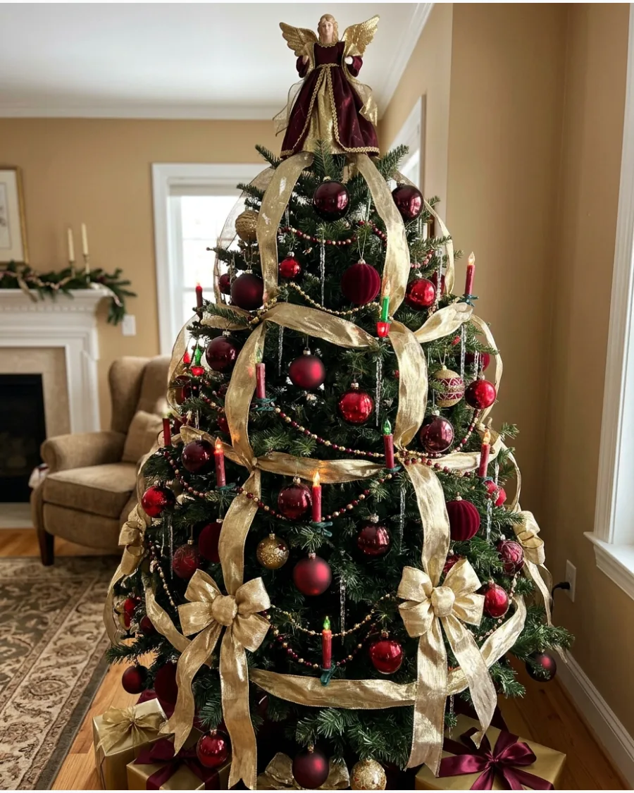 50. 1990s Gold Ribbon and Burgundy Ornament Tree
