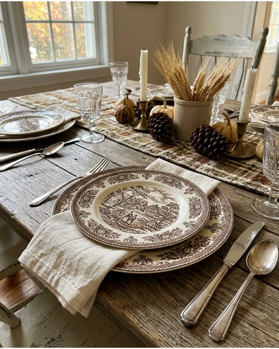 10. Brown and White Vintage Thanksgiving Table