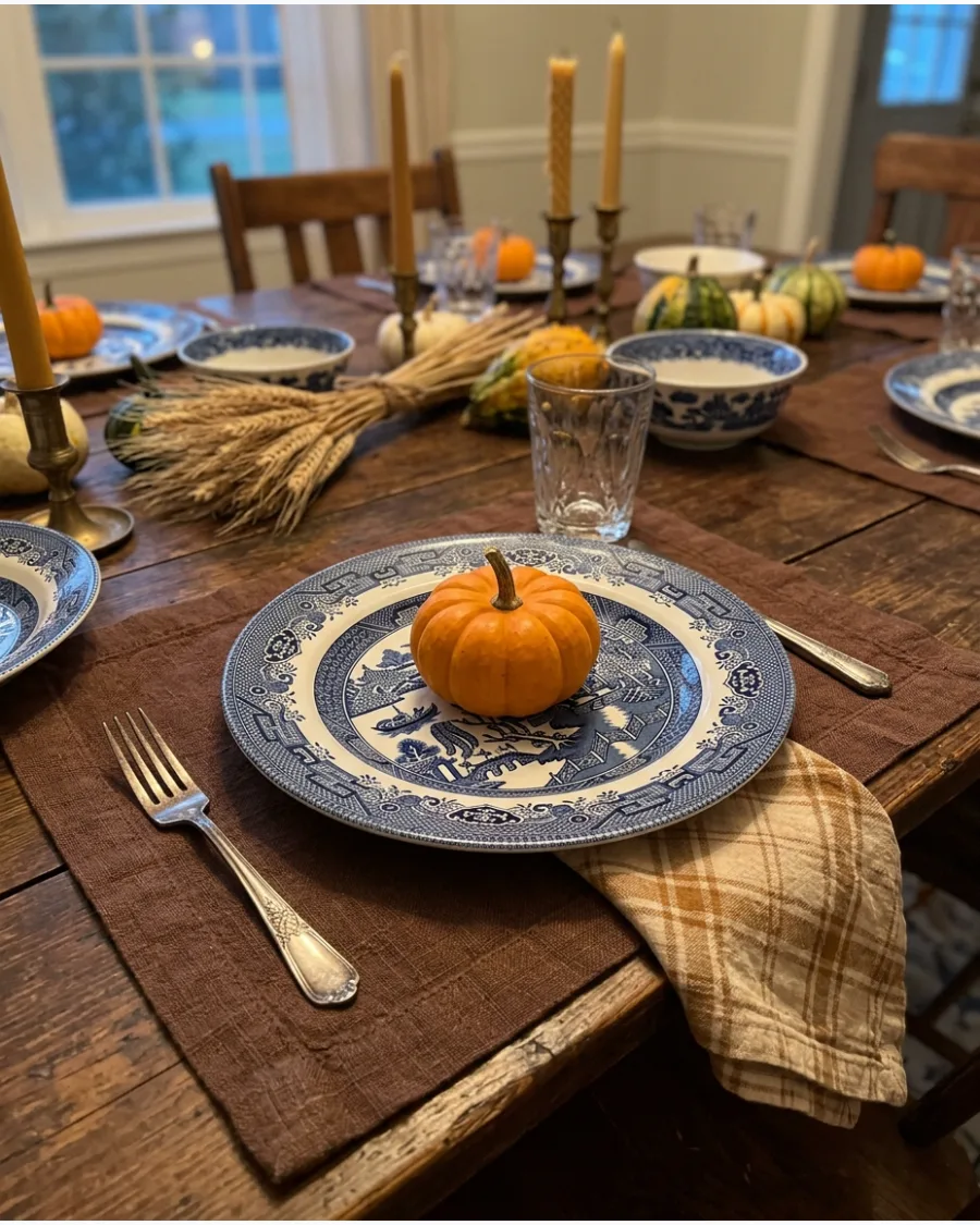 14. Antique Blue and White Thanksgiving Tablescape