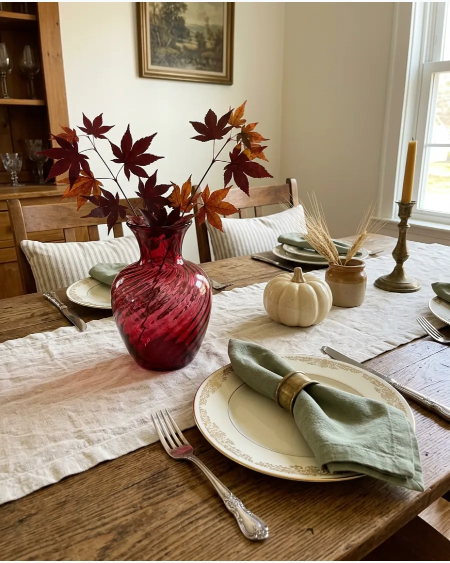 17. Vintage Cranberry Glass Thanksgiving Tablescape