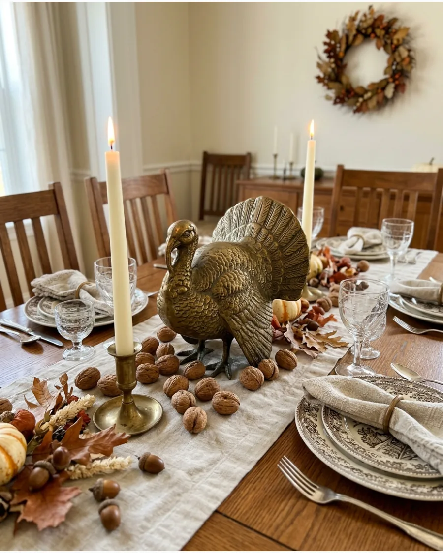 22. Vintage Brass Turkey Thanksgiving Centerpiece