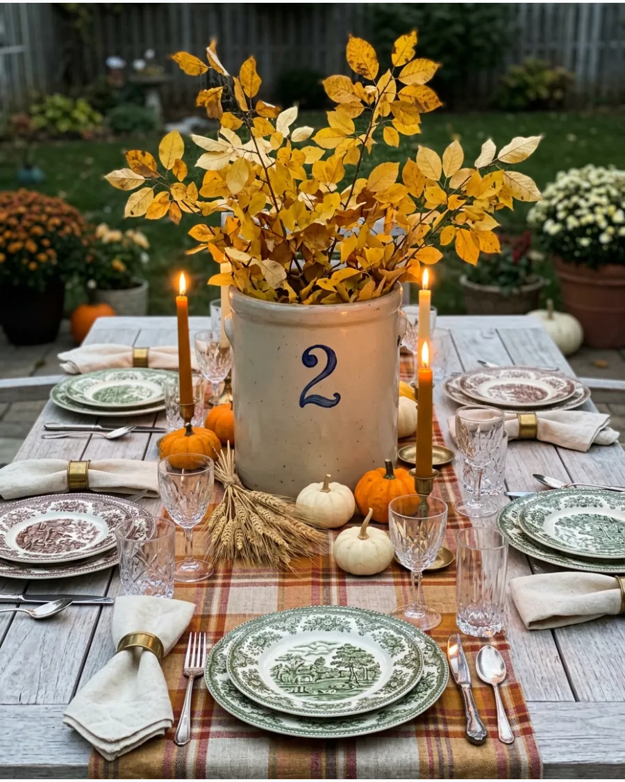 26. Vintage Crock Thanksgiving Centerpiece