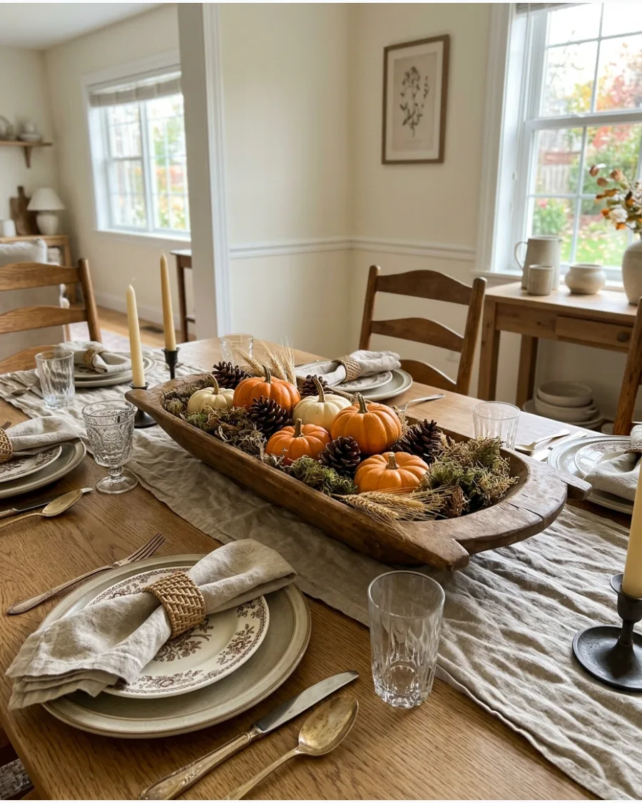 28. Vintage Dough Bowl Thanksgiving Centerpiece