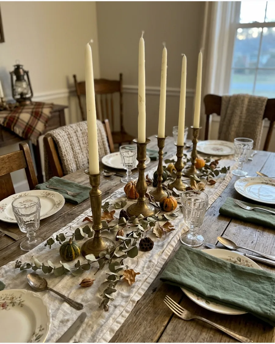 3. Antique Brass Candlestick Thanksgiving Tablescape
