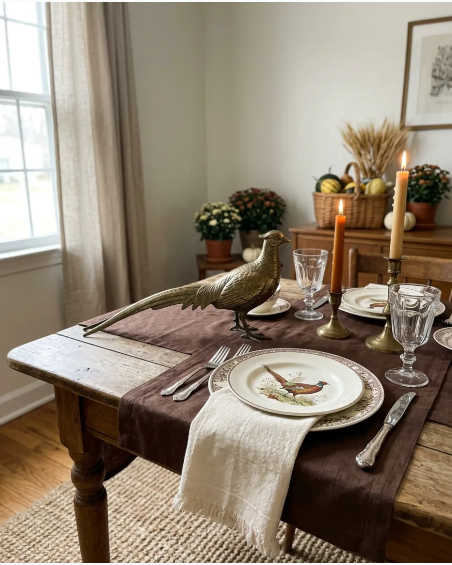 35. Vintage Pheasant Thanksgiving Tablescape