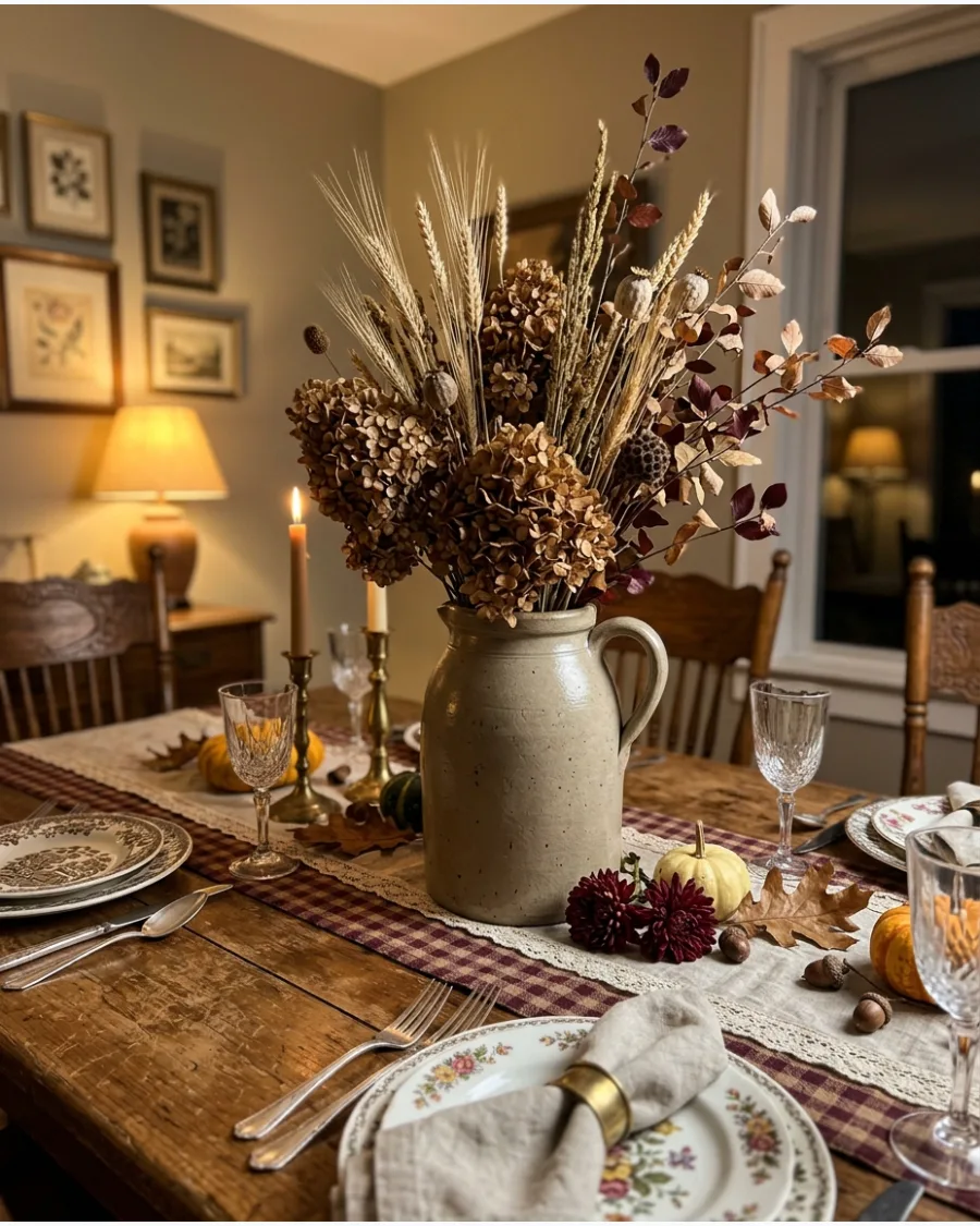 55. Vintage Dried Flower Thanksgiving Tablescape