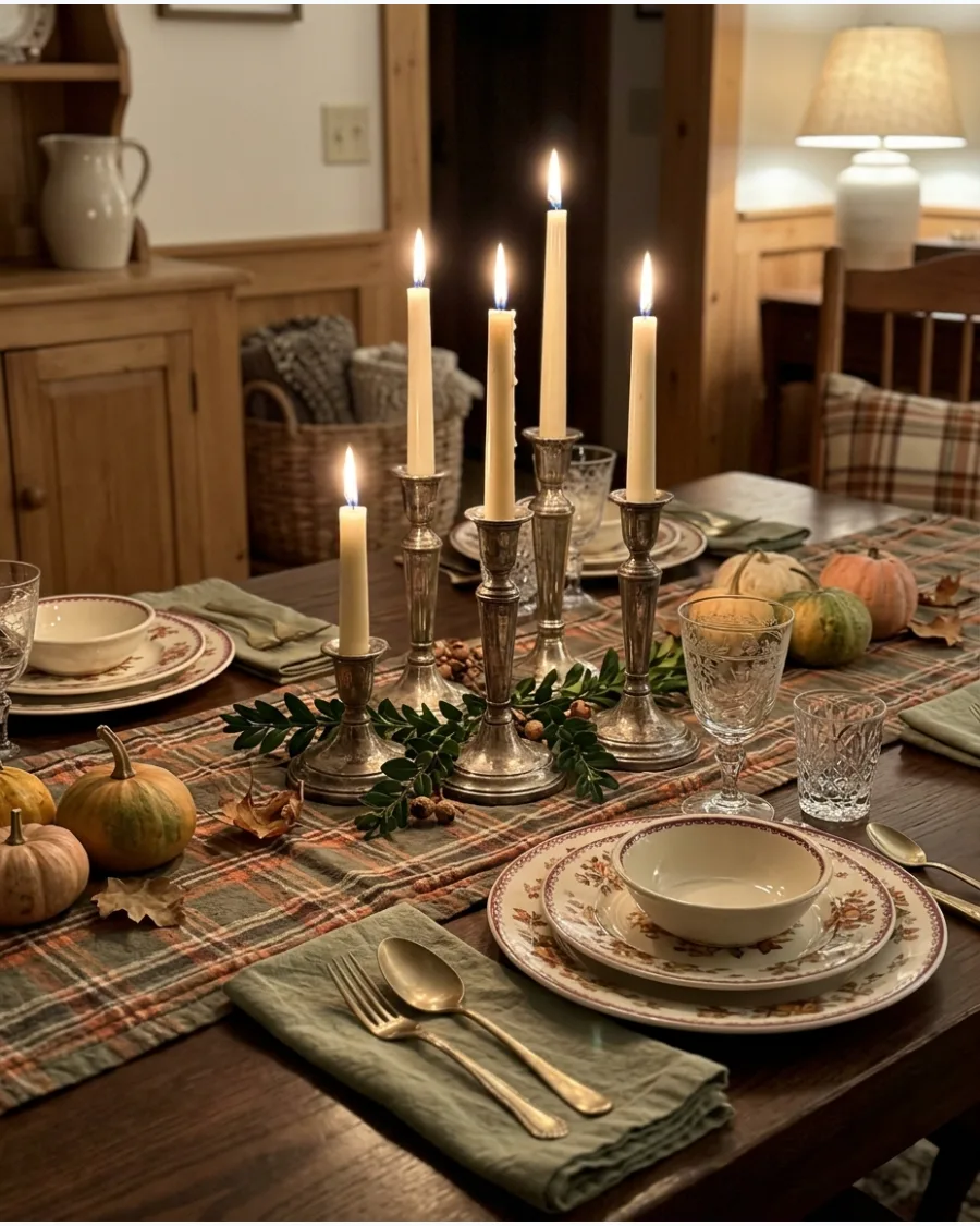 58. Candlelit Vintage Thanksgiving Tablescape