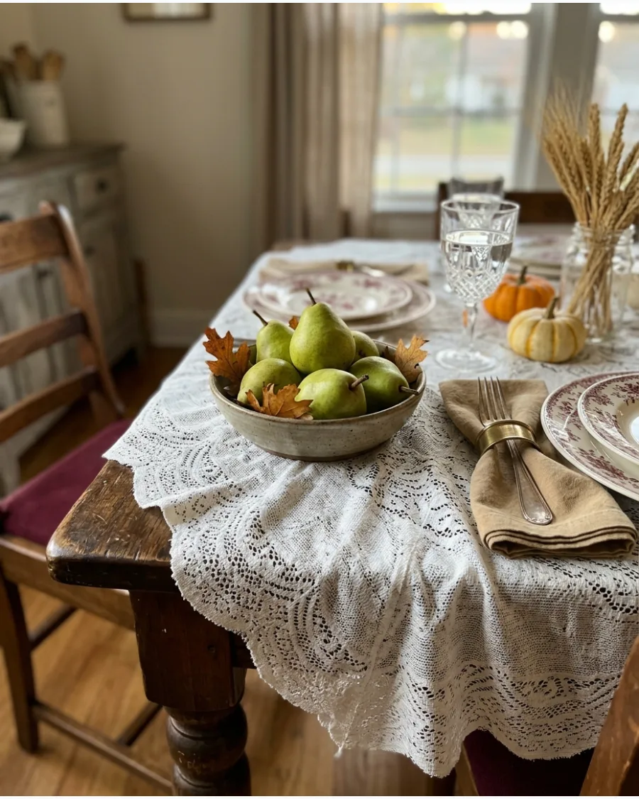 7. Vintage Lace Tablecloth Thanksgiving Tablescape