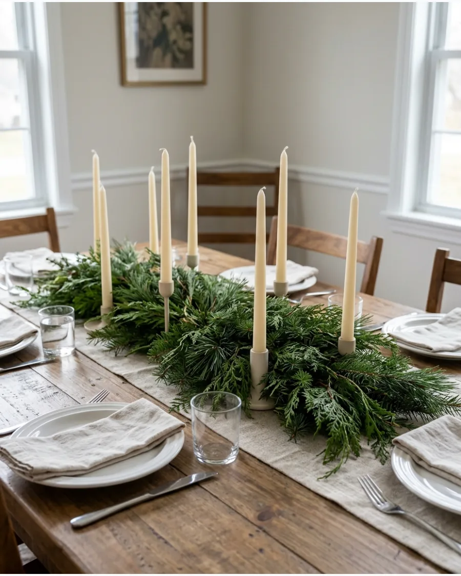 1. Evergreen Garland and Taper Candle Centerpiece