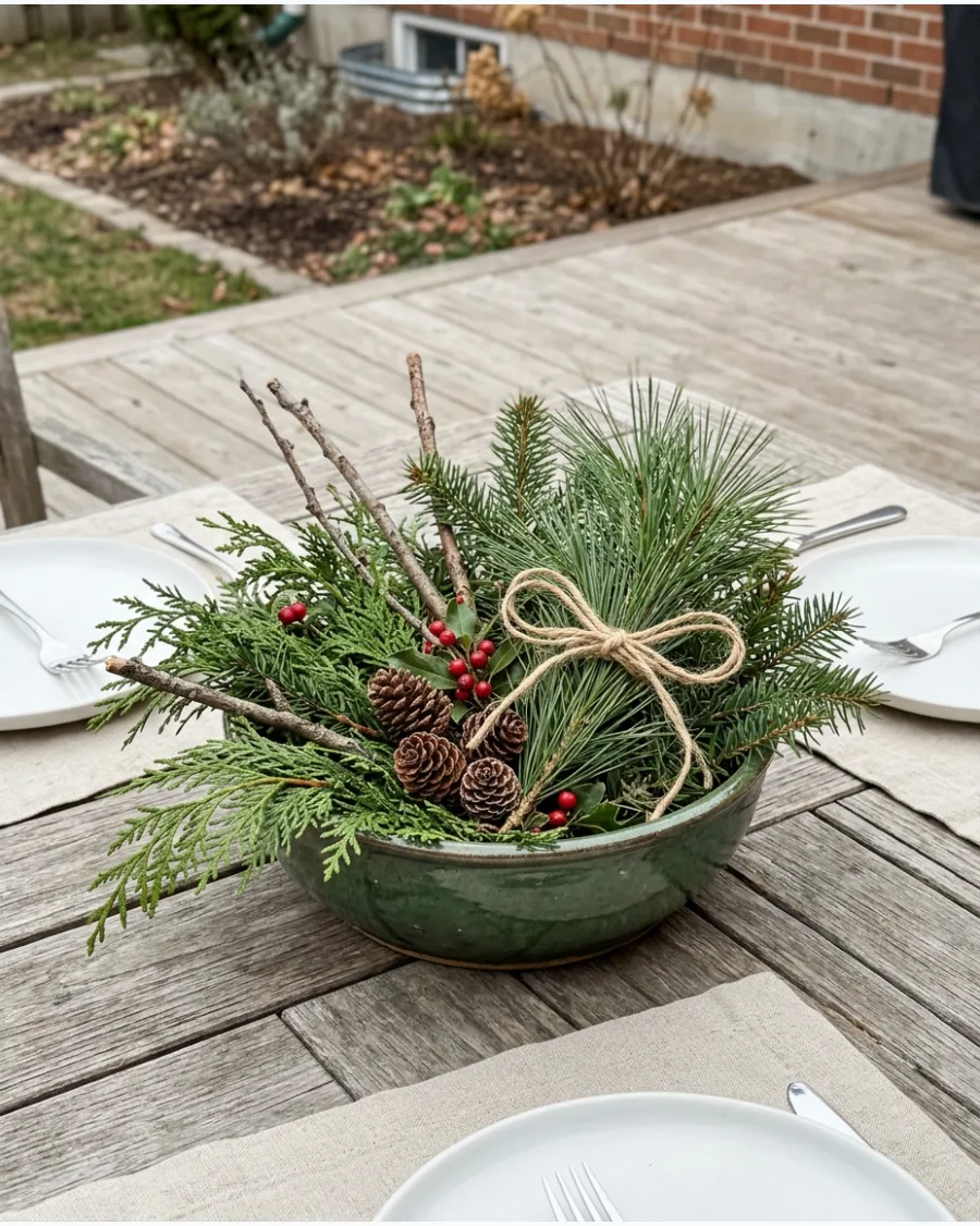 10. Simple Foraged Greenery Christmas Centerpiece