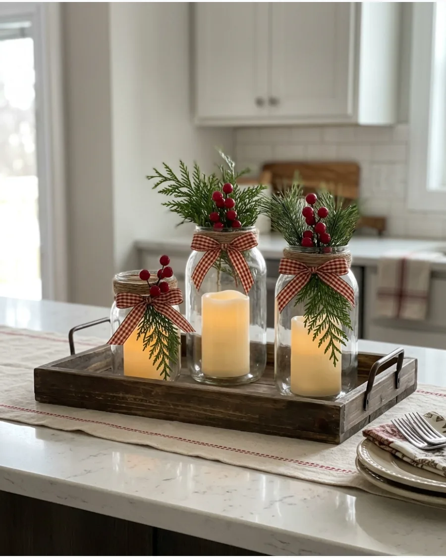 12. Mason Jar Christmas Candle Centerpiece