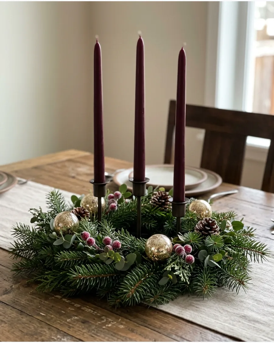 14. Burgundy Taper Candle Christmas Centerpiece