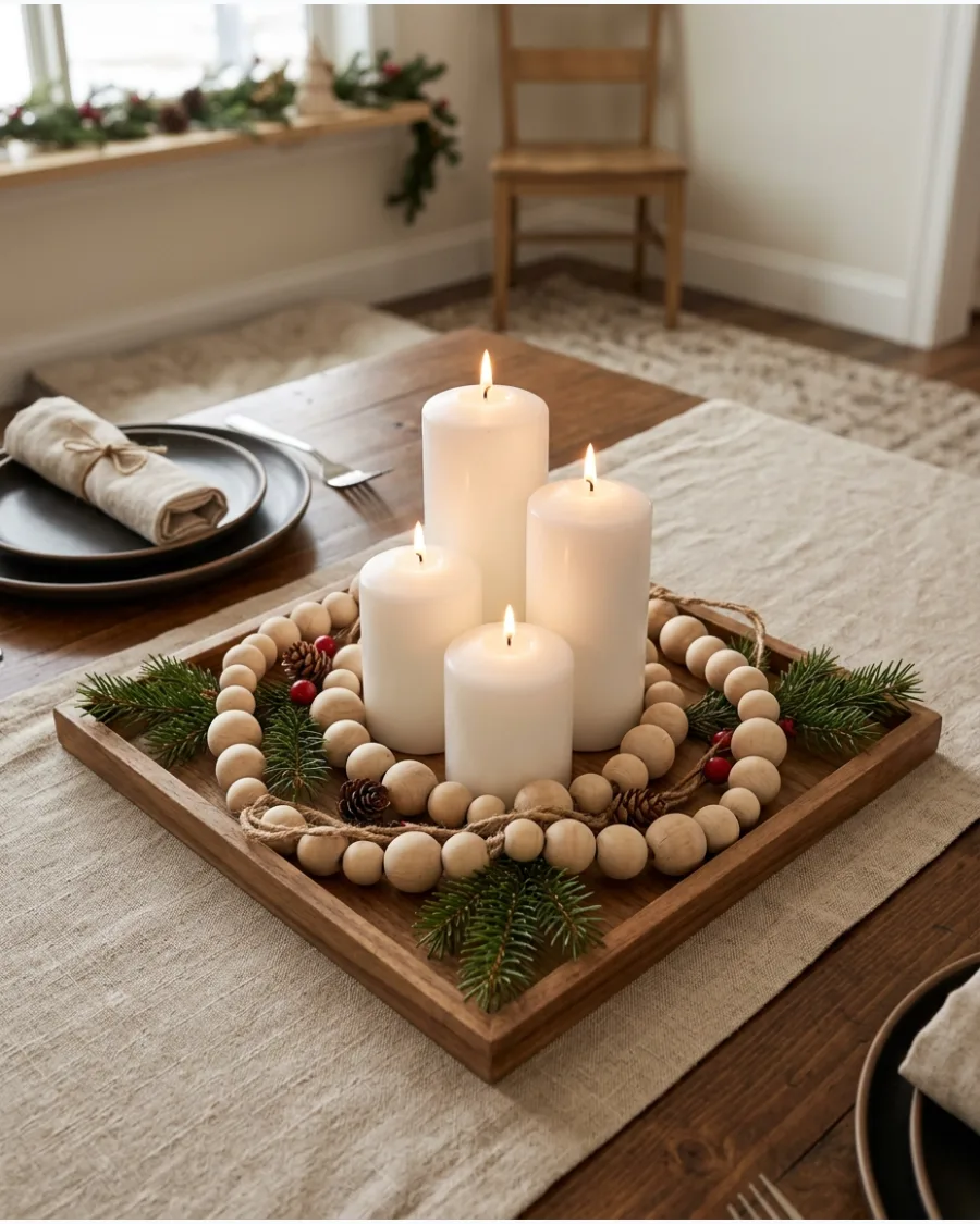 16. Wood Bead and Candle Centerpiece