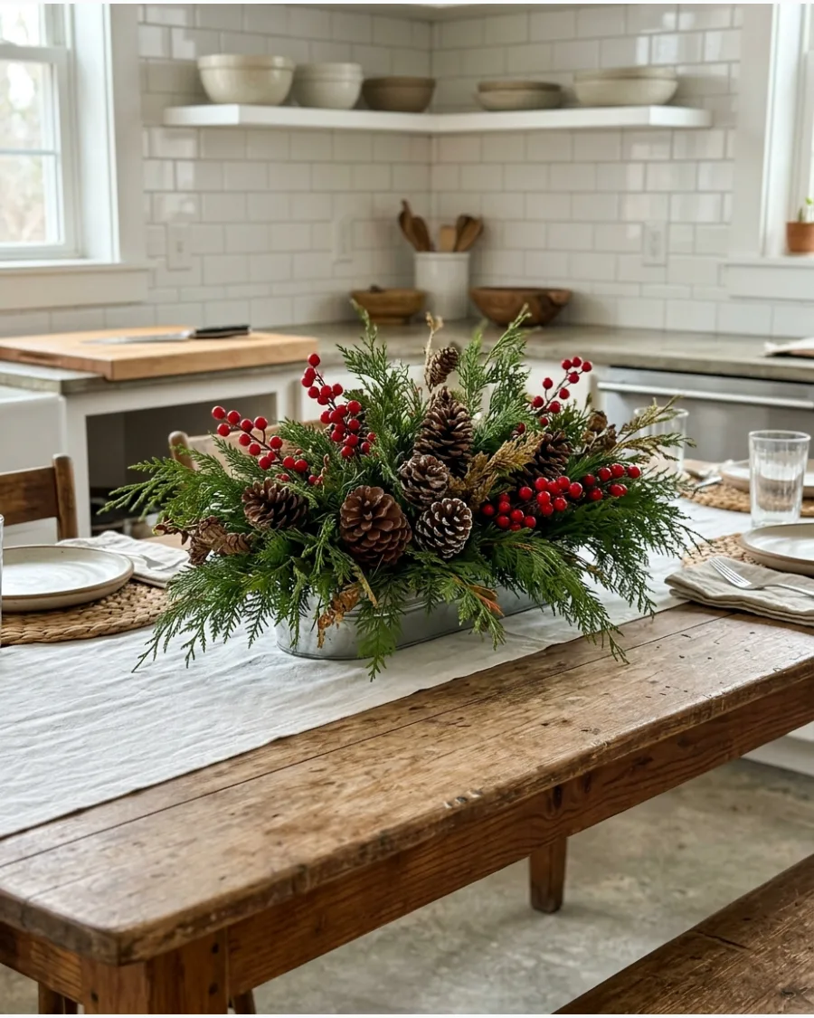 2. Cedar, Pinecone, and Berry Centerpiece
