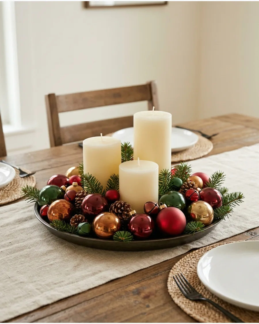 20. Candle and Christmas Ornament Centerpiece