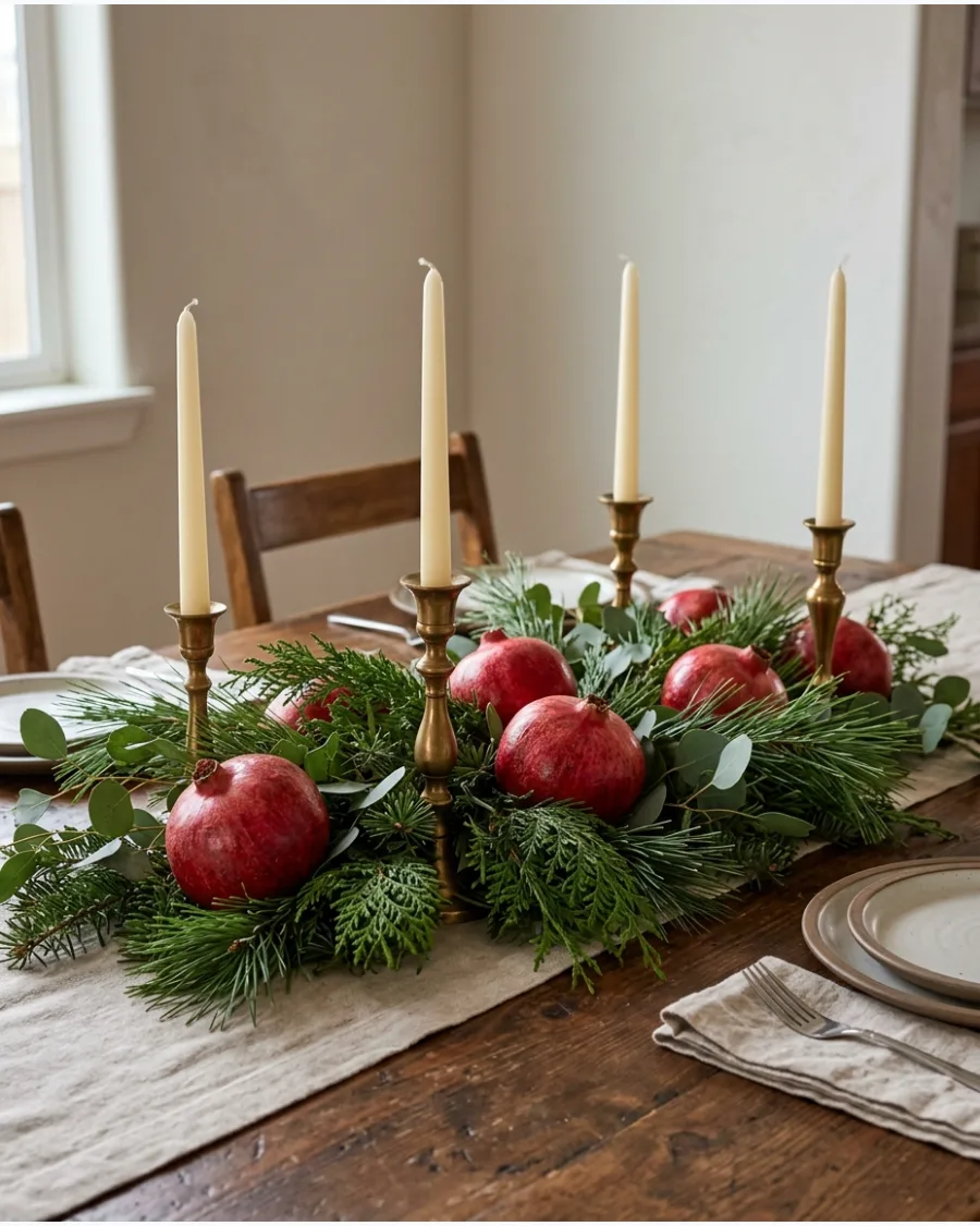 21. Pomegranate and Evergreen Centerpiece