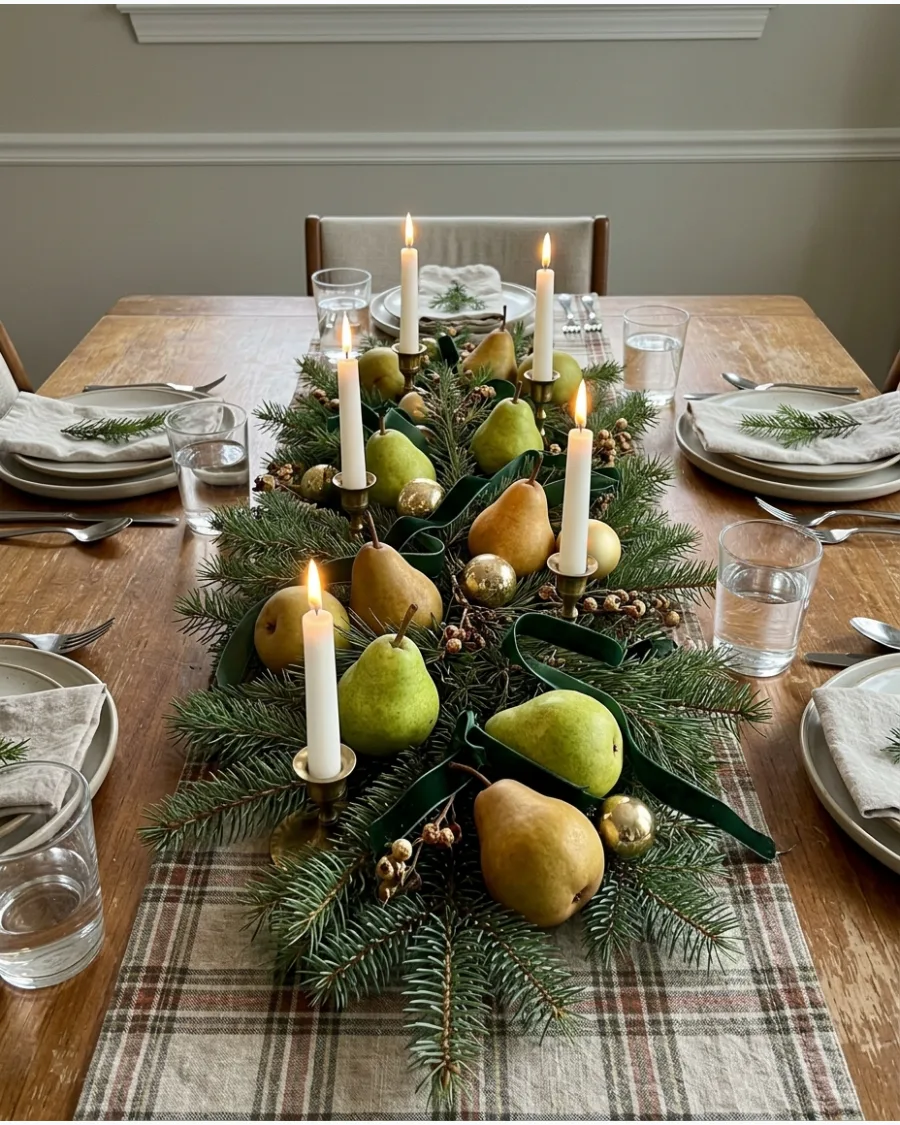 24. Pear and Evergreen Christmas Centerpiece