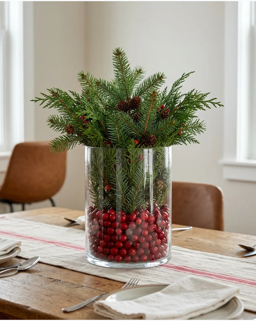 26. Cranberry and Evergreen Glass Vase Centerpiece