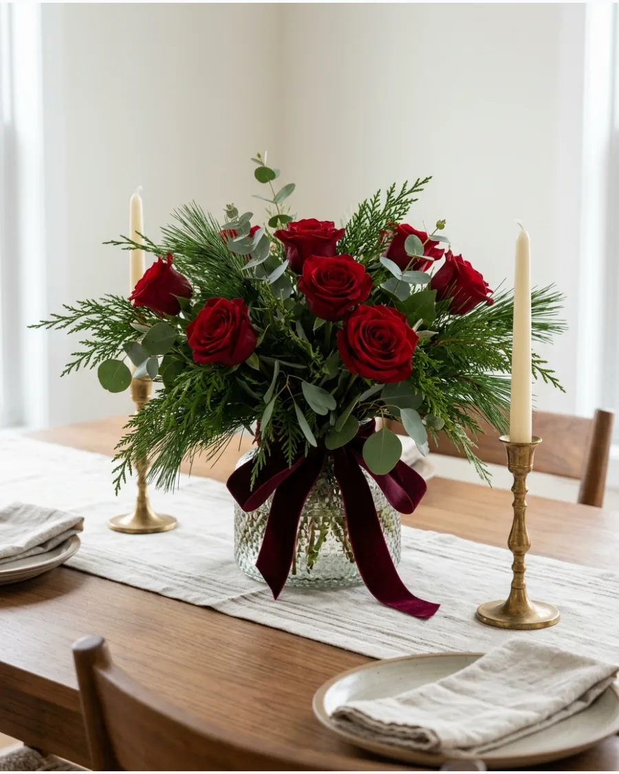 29. Red Roses and Evergreen Christmas Centerpiece