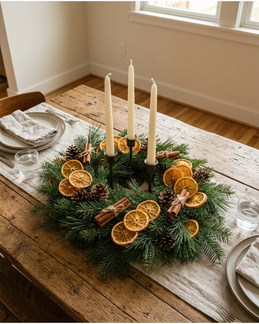 3. Dried Orange and Evergreen Centerpiece