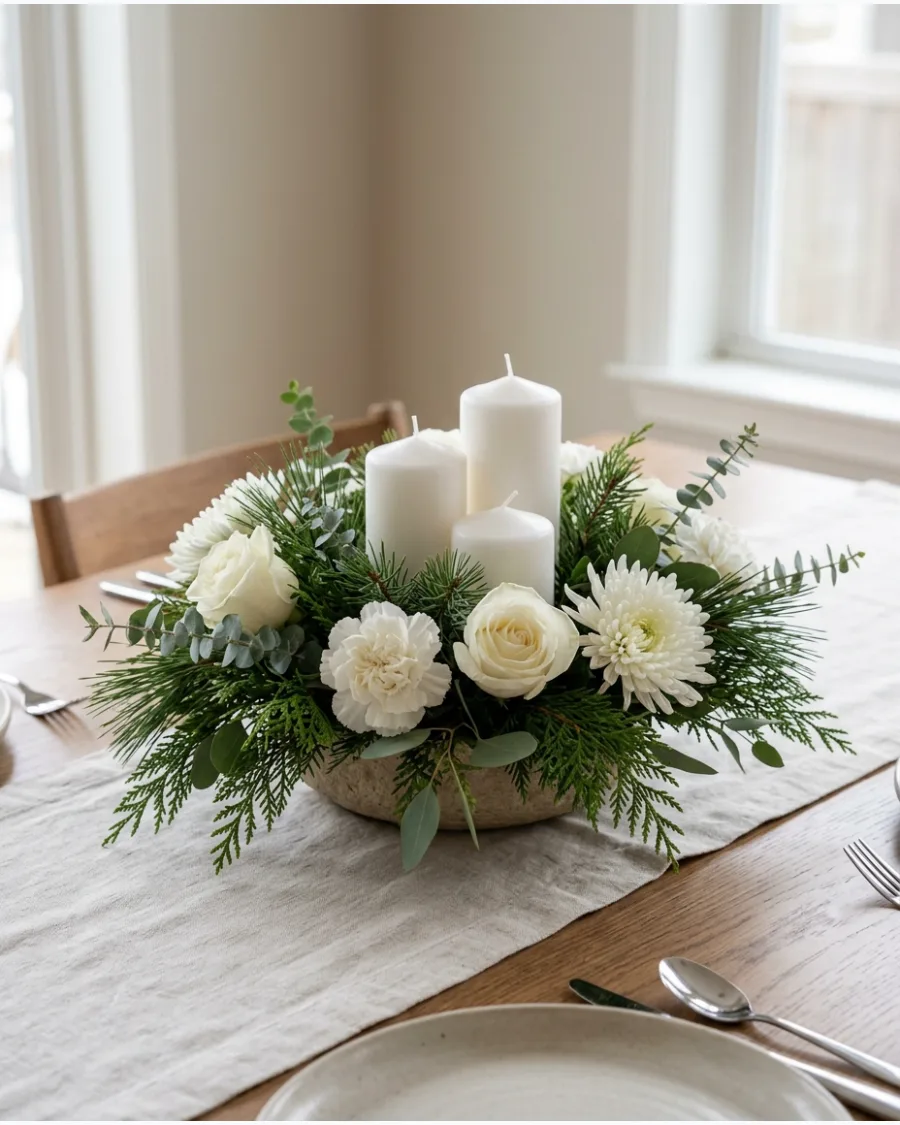 30. White Flowers and Winter Greenery Centerpiece