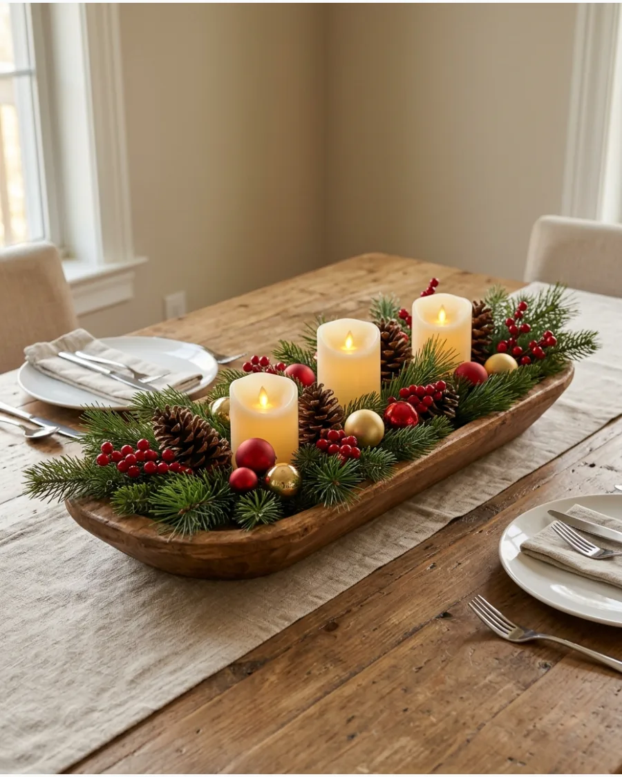 31. Wooden Dough Bowl Christmas Centerpiece