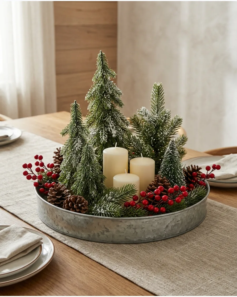 32. Galvanized Metal Tray Christmas Centerpiece