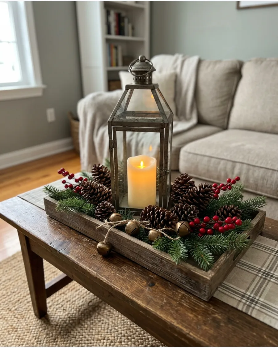 34. Rustic Lantern and Pinecone Centerpiece