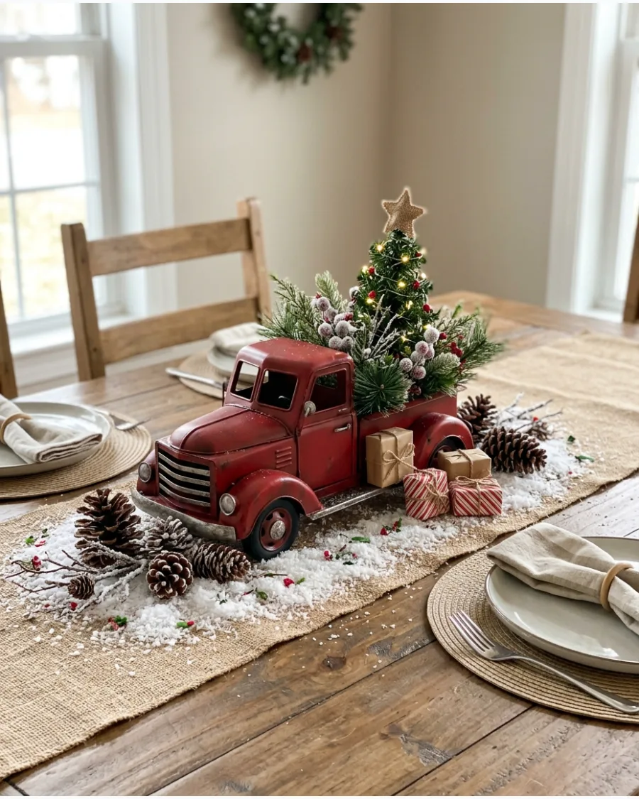 36. Farmhouse Red Truck Christmas Centerpiece