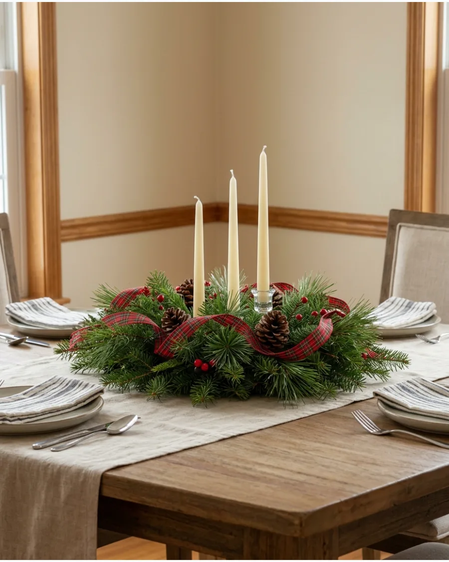 37. Plaid and Evergreen Christmas Centerpiece