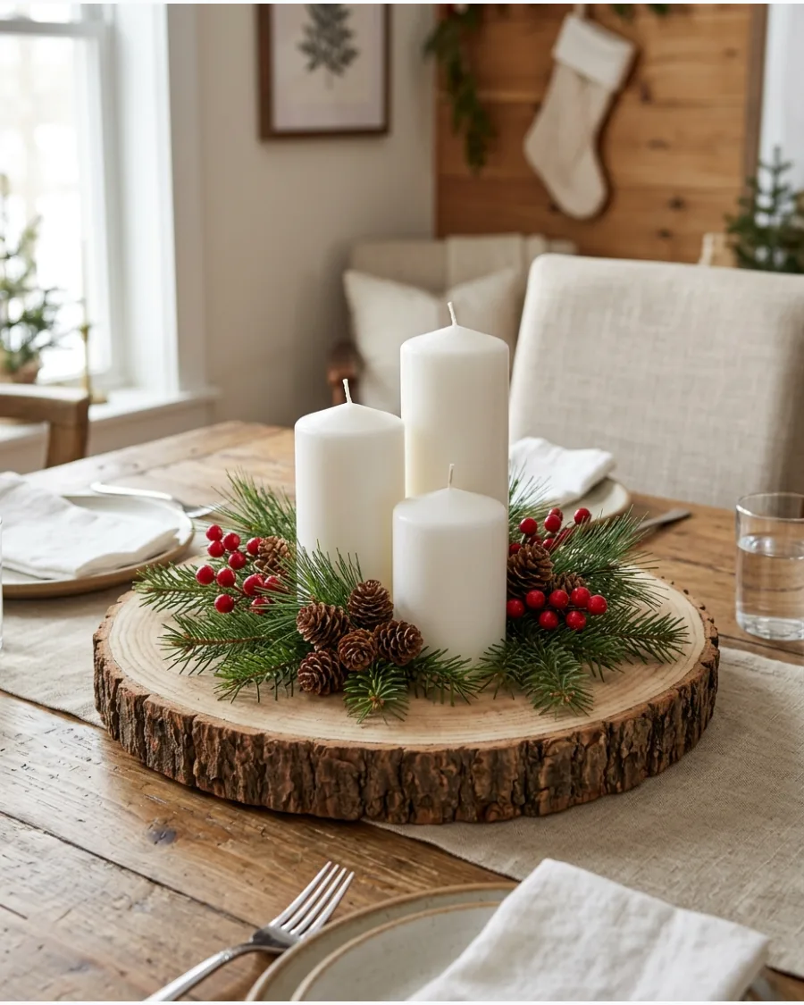 38. Wood Slice Candle Christmas Centerpiece