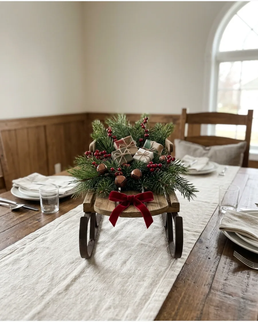 39. Vintage Sled Miniature Christmas Centerpiece
