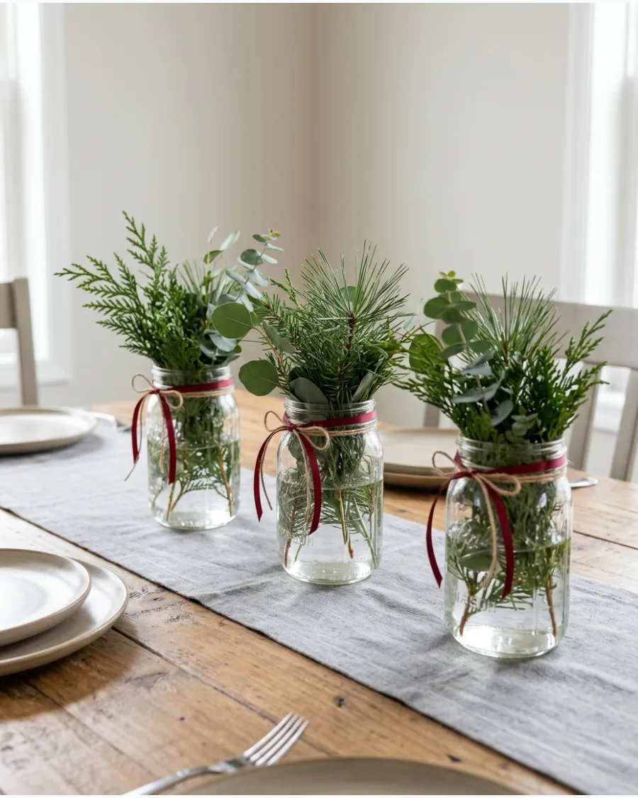 43. Glass Jar Evergreen Centerpiece