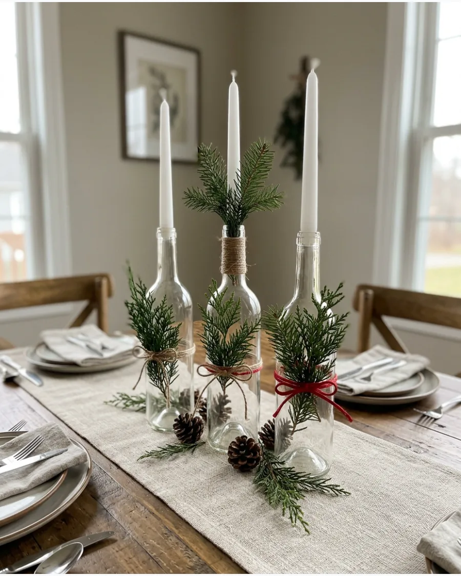 44. Wine Bottle Christmas Candle Centerpiece