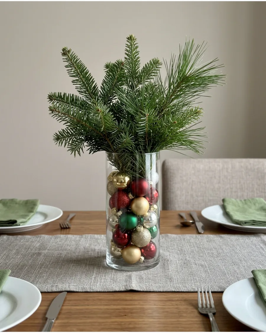 45. Christmas Ornament Vase Centerpiece