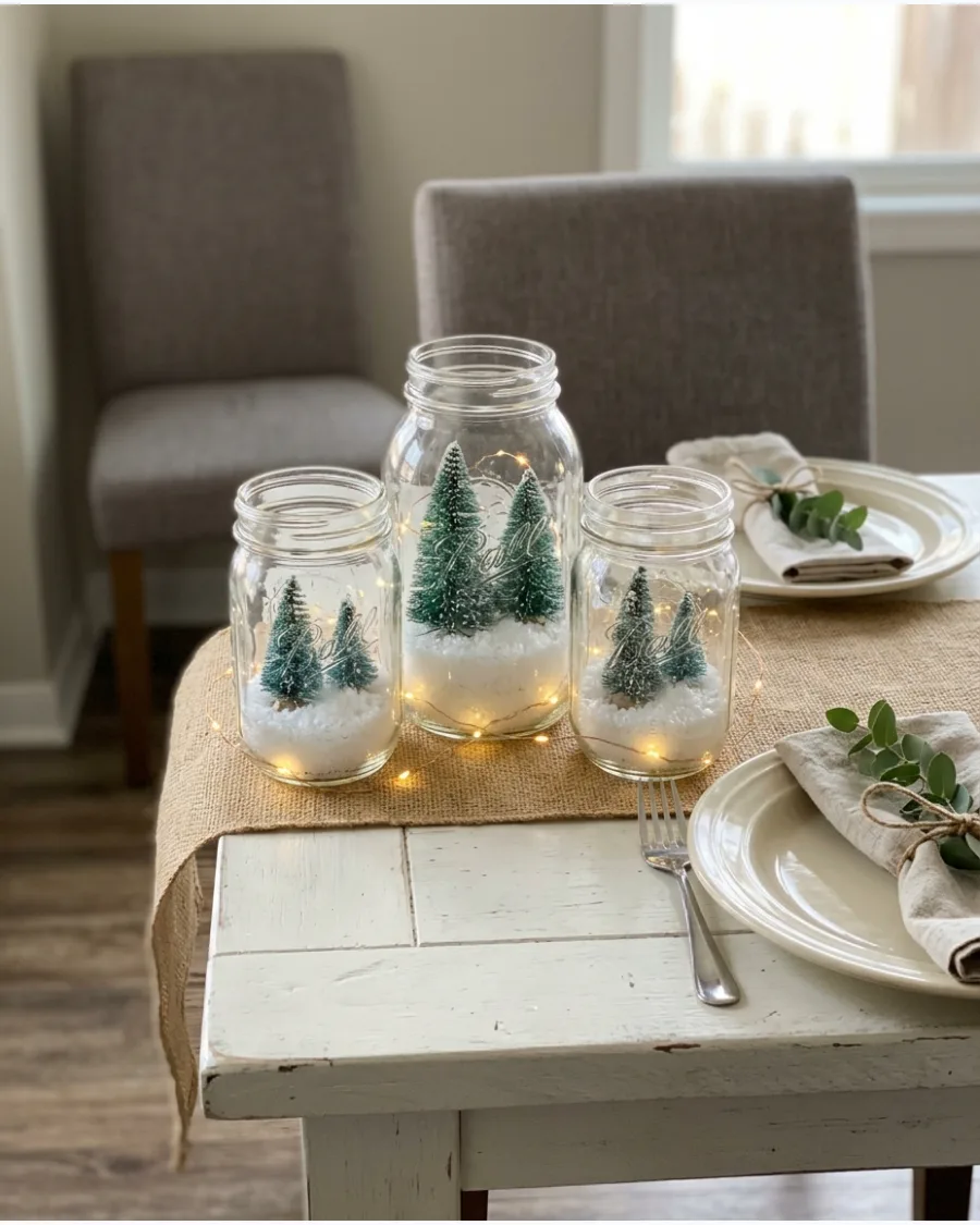 47. Mason Jar Snowy Christmas Tree Centerpiece