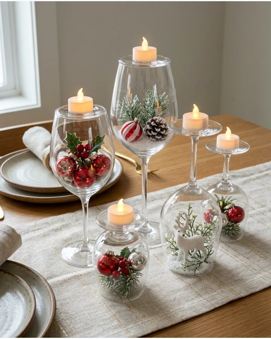 48. Upside-Down Wine Glass Christmas Centerpiece