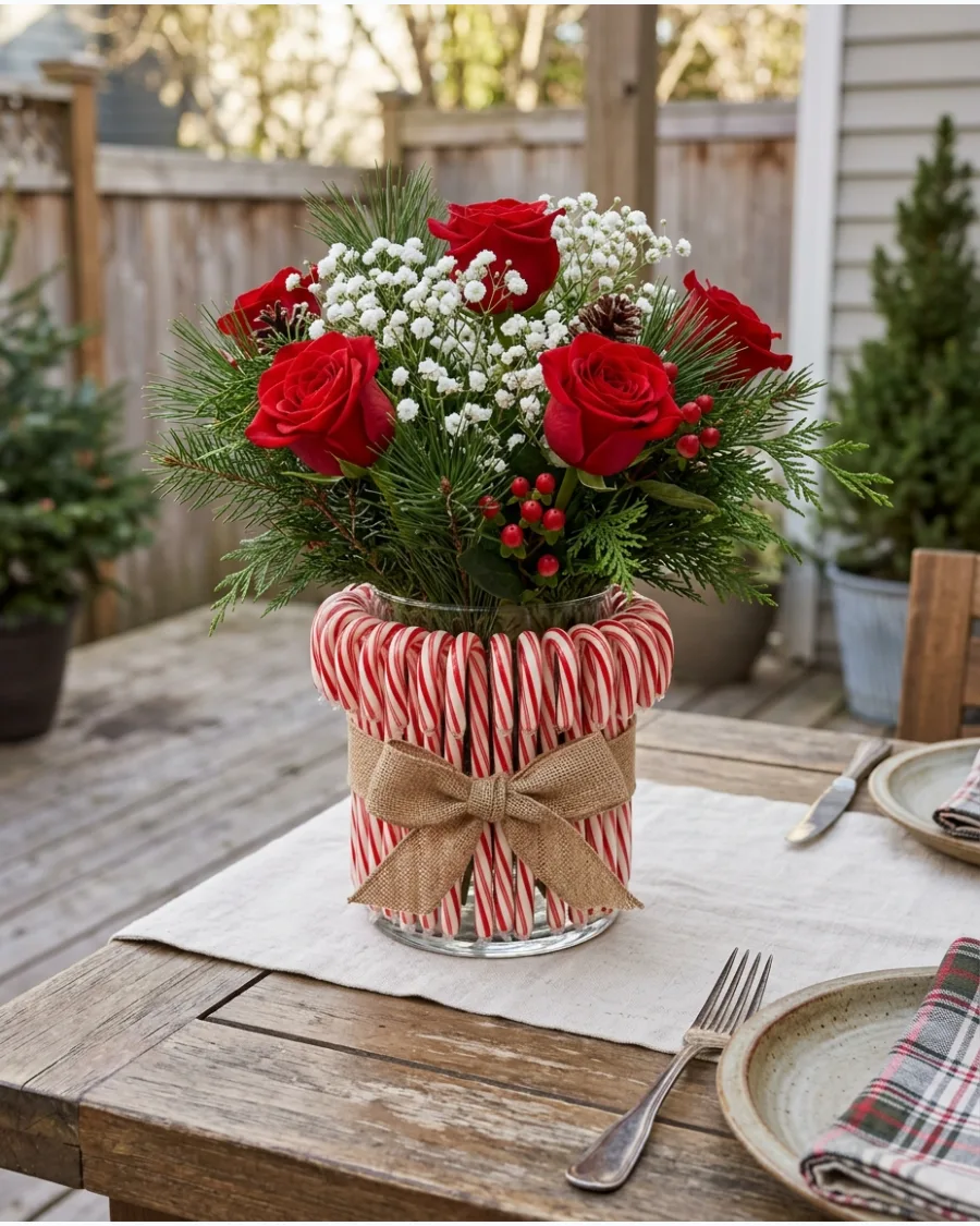 50. Candy Cane Vase Christmas Centerpiece