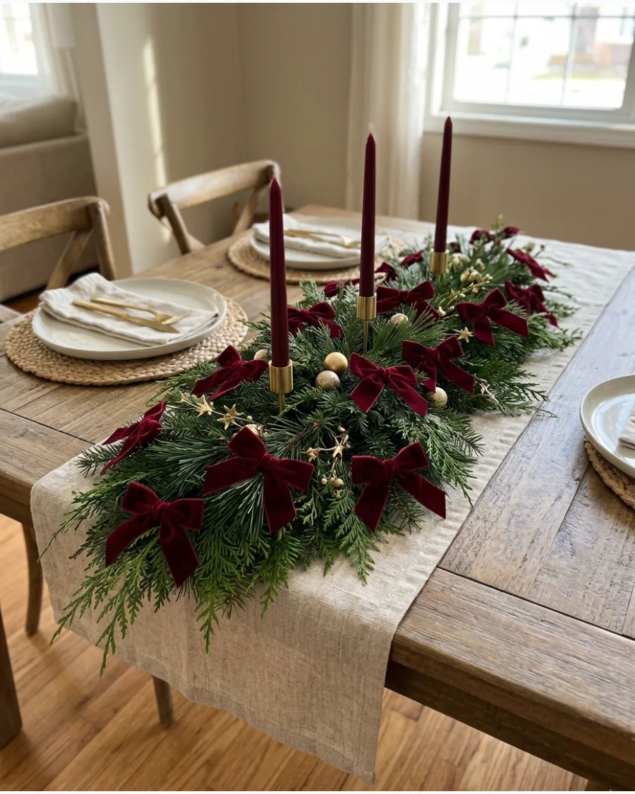 51. Burgundy Velvet Bow Christmas Centerpiece
