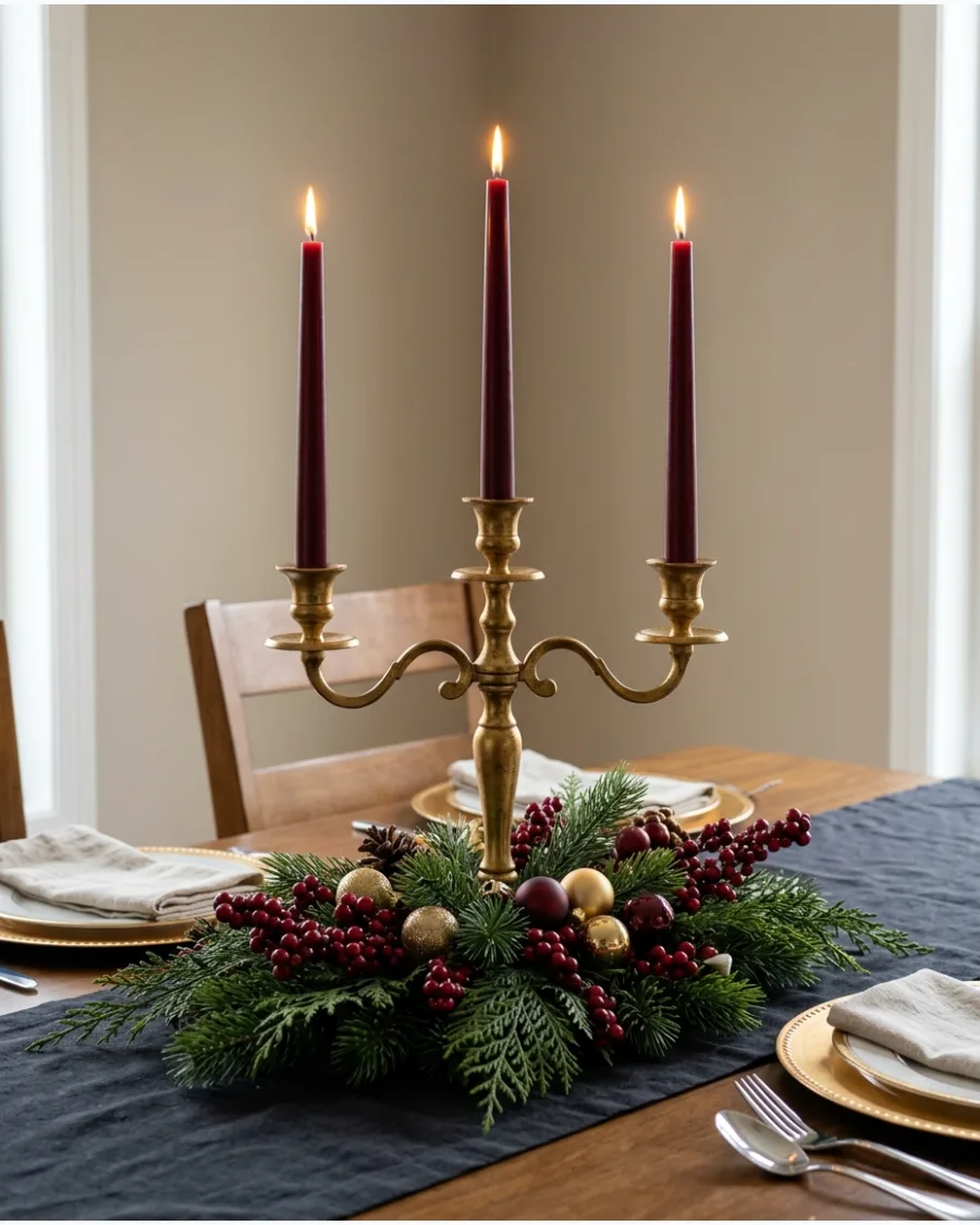 52. Antique Gold Candelabra Christmas Centerpiece