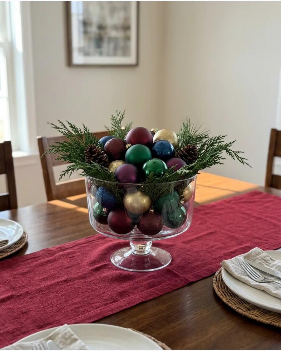 53. Jewel-Tone Christmas Ornament Centerpiece