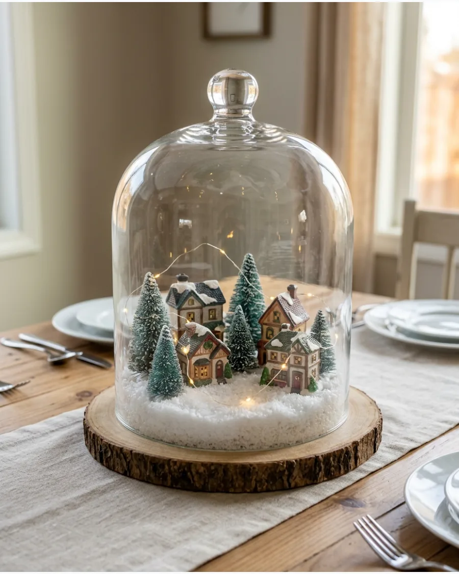 58. Christmas Village Under Glass Centerpiece